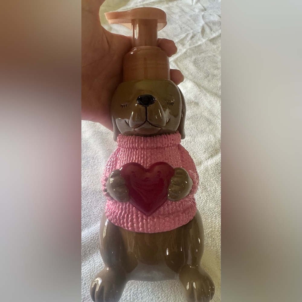 Liquid Hand Soap Dispenser. Pink Dog Figurine with Heart Sweater
